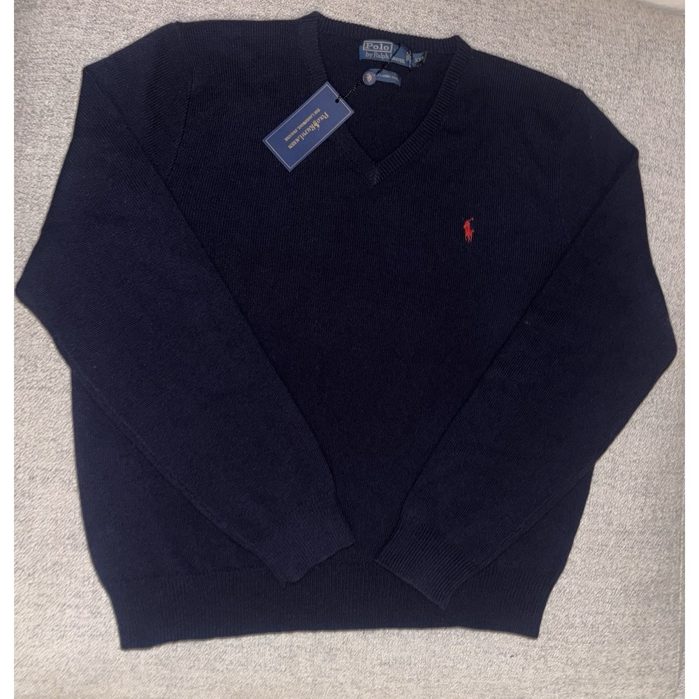 Polo Ralph Lauren Men's Sweater 100% Lambs Wool Navy V-Neck XXL Long Sleeve NWT - Picture 1 of 16